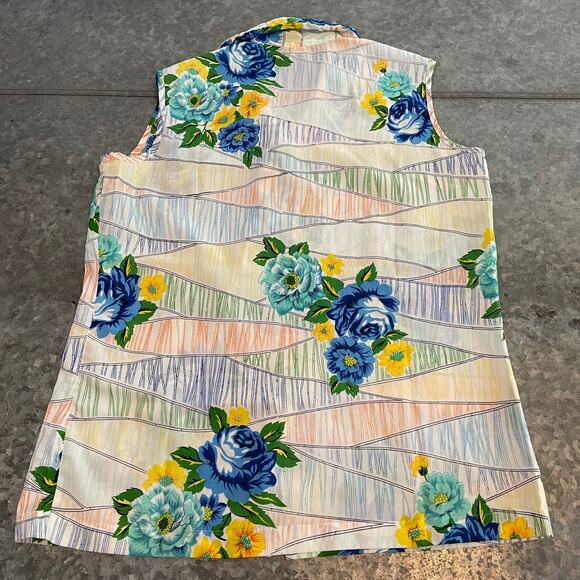 Vintage Aloha Floral Geometric Sleeveless Blouse Shirt Sz 38 M/L Retro 60s 70s - Picture 4 of 7